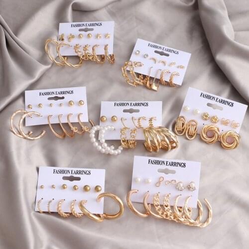 KISS WIFE Fashion Pearl Hoop Earrings Set For Women Geometirc Gold Metal Circle Hoop Earrings Brincos 2021 Trend Jewelry Gift