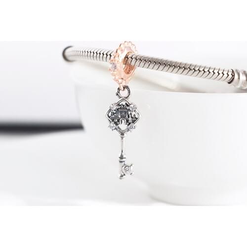 Authentic S925 Silver Rose Key With Crystal Pendant Bead Charm Fit Lady Bracelet Bangle DIY Jewelry