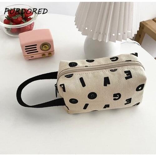 PURDORED 1 Pc Women Beige Makeup Bag Travel Cosmetic Bag Female Travel Zipper Makeup Organizer Toiletry Bag Student Pencil Bag