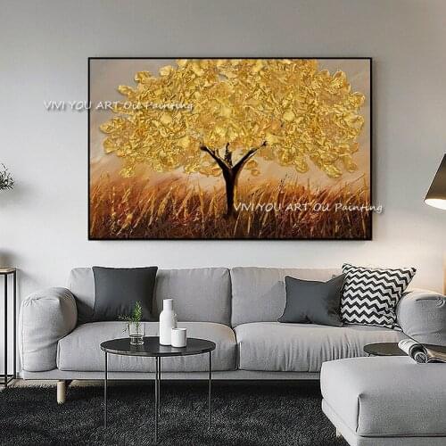 Hand-painted High Quality Gold Tree Abstract Oil Painting Canvas Frameless Wall Art Picture Adult Home Decoration Nature Graph