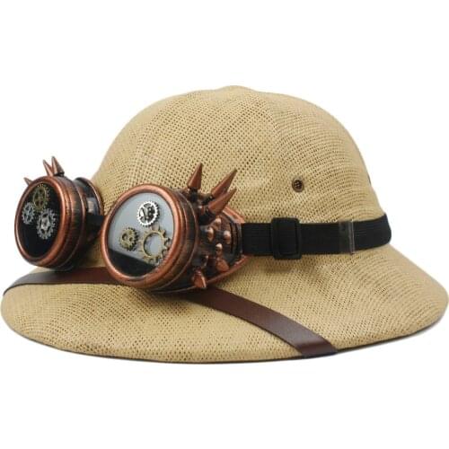 Novelty Straw Steampunk Helmet Pith Sun Hat Women Men Vietnam War Army Hat Steam Punk Glasses Safari Jungle Miners Cap 56-59CM