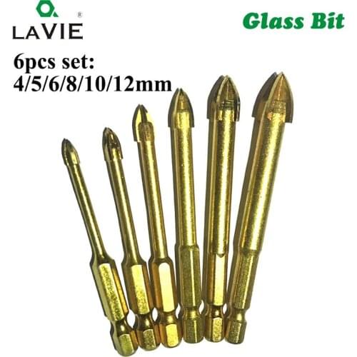 LA VIE 6pcs 1/4" Hex Shank Glass Bits Titanium Coated Glass Drill Set 4 5 6 8 10mm Tile Marble Cross Tipped Hole Saw DB02003