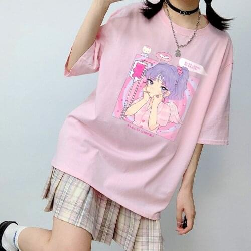 Japanese Cartoon Sweet Cute Girls Casual Pink Tops Harajuku Chic Loose Anime Electric Shock Girls Vintage Summer Women T-shirt