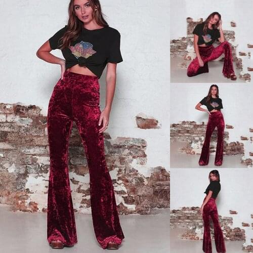 Vintage Velvet Long Flare Pants Women Korean Streetwear Sexy High Waist Trousers Lady Casual Velour Red Black Bell Bottom Pants