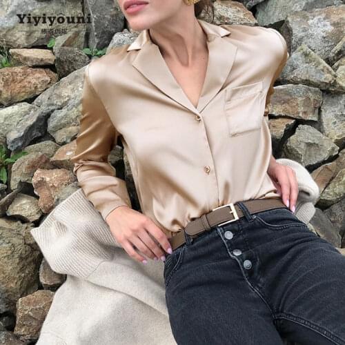 Yiyiyouni Office Lady Long Sleeve Silk Shirts Women V-neck White Satin Blouses Shirt Female Loose Button-Up Tops with Pocket