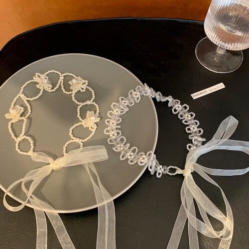 Pearl Headband Headband Lace Girl Tie Hair Bow Ribbon Kawaii Hair Accessories Princess Temperament Necklace Head Rope Hair Ring