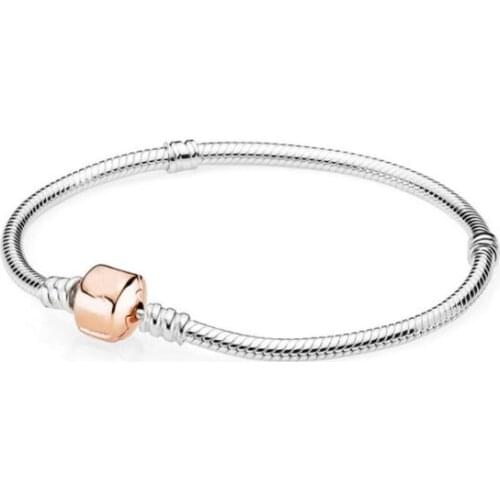 925 Sterling Silver Rose Gold Snake Chain Lobster Barrel Clasp Pan Bracelet Bangle Fit Women Bead Charm Diy Jewelry