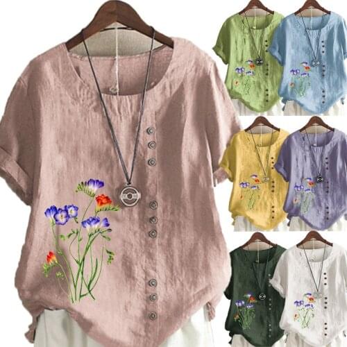 New Arrival Summer Fashion Womens Flower Printed Linen T-shirt Casual Loose Round Neck Short Sleeve Shirt Blouse Tops Plus Size