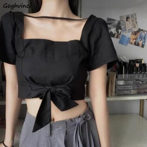 Blouses Women Square Collar Solid Bow Ladies Tops Blusas Mujer Black Cropped Simple All-match Leisure Stylish 2021 Korean Style