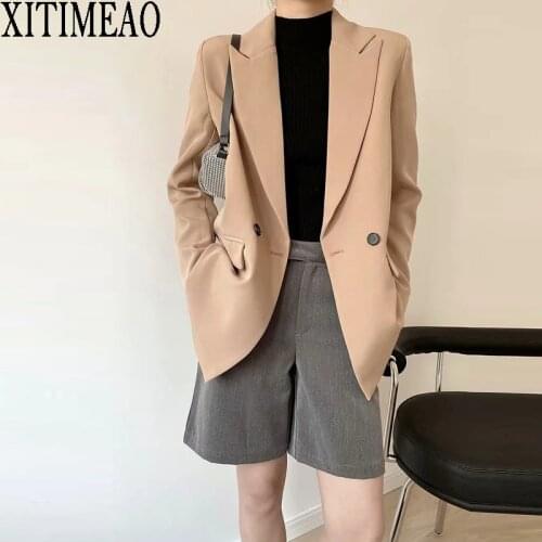 XITIMEAO Women 2021 Fashion Office Wear Double Breasted Blazers Coat Vintage Long Sleeves Solid Color Female Outerwear Chic Tops