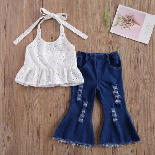 2 Pcs Girls Casual Suit , Halter Sleeveless Hollowed-out Camisole Top, Ripped Loose Bell-bottomed Jeans Summer 2021