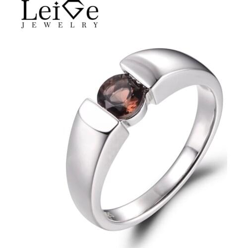 LeiGe Jewelry Natural Smoky Quartz Rings Cocktail Party Rings Round Shape Brown Gemstone Ring 925 Sterling Silver Solitaire Ring