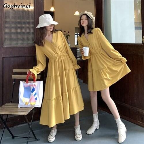 Long Sleeve Dress Women V-neck Elegant High-waist A-line Drape Korean Style Slender Chic Womens Solid Sweet Fashion Vestidos New