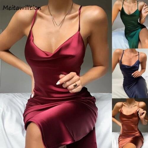 Summer Women Spaghetti Strap Silk Midi Dress 2021 Sexy Sleeveless Backless Solid Dress Elegant Satin Party Dresses