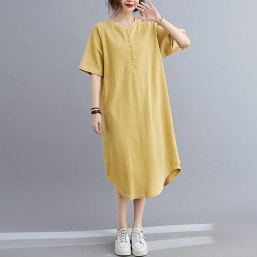 Summer Loose Short Sleeve Womens Casual T-shirt Dress Big Size Round Neck Irregular Hem Yellow Dresses Female Trend aq707