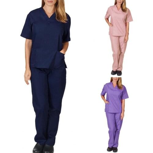 1 Set Nurse Top Pants Set Solid Color Elasticity Unisex V Neck Pockets Quick Dry Uniforms Pocket Caregiver Suit for Working