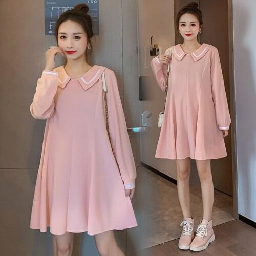 130# Maternity Clothes Spring Autumn Cotton Turn Down Collar A Line Long Sleeves Loose Stylish Dress Pregnant Women Mom Dress