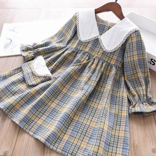 Childrens Dresses for Girls Long Sleeve Plaid Party Dress 2021 Spring Girls Clothes Doll Collar Dresses with Chain Bag Vestidos