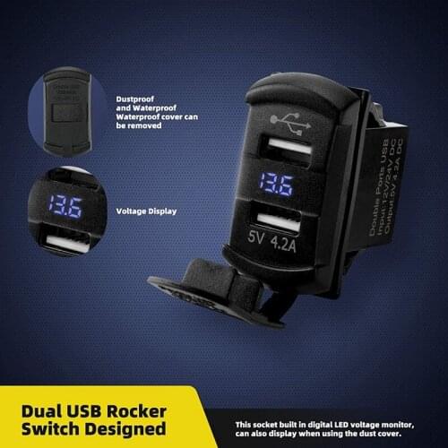 Dual USB Rocker Switch Led Digital Voltmeter for Fast Charging Electronic Devices,Universal for All 12V-24V Cars