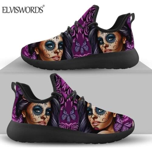 ELVISWORDS Couple Casual Mesh Knit Sneakers Day Of The Dead Prints Skull Sneakers For Men Light Breathable Walking Jogging Shoes