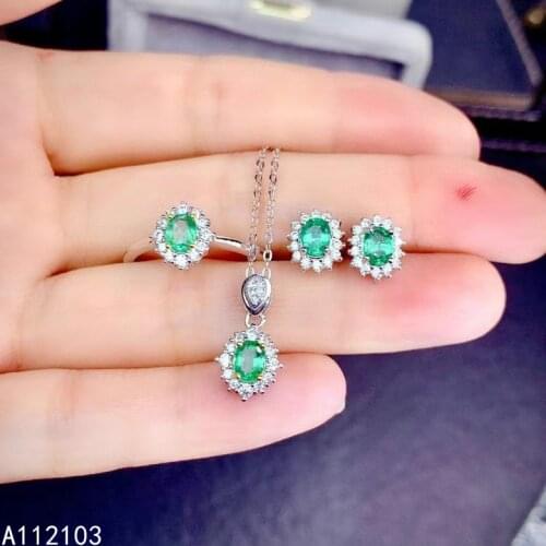 KJJEAXCMY fine jewelry 925 sterling silver inlaid natural emerald Womens elegant pendant Ring Earrings Flower gem set support