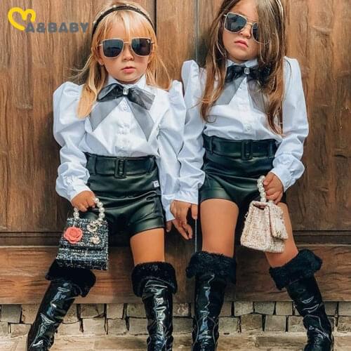 Ma&Baby 1-6Y Toddler Kid Girls Clothes Set Autumn Bow Long Sleeve Blouse Pu Leather Shorts Outfits