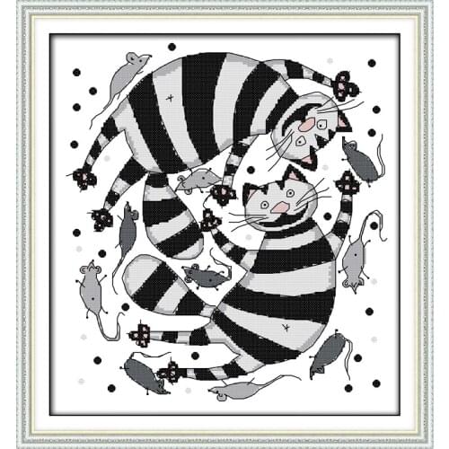 The Black And White Cats Hunting The Mice Chinese Cross Stitch Kits Ecological Cotton Stamped 11 DIY Wedding Decoration For Home