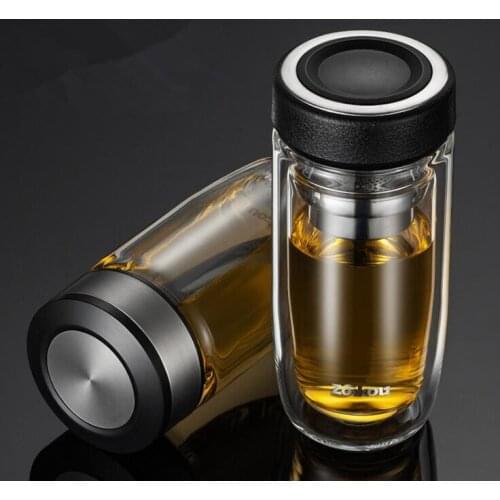 Portable Office Double-Wall Glass Tea Bottle with Stainless Steel Tea Filter Water Bottle Leakproof Business Mug Tour Coffee Cup