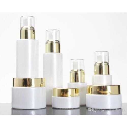 Empty 30/50g white glass jar 20/30/100ml white glass pump lotion/spray bottle gold collear lids