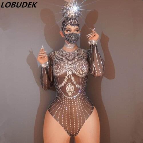 Sexy Transparent Silver Rhinestones Black Elastic Bodysuit DJ Singer Sexy Stage Wear Pole Dance Acrobatics Performance Leotard