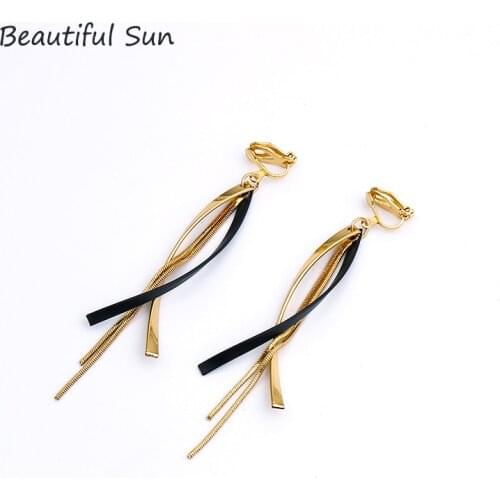 Korean Creative Long Statement Clip on Earrings Geometric Irregular Tassel Without Piercing Ear Clips for Women Fashion Jewelry