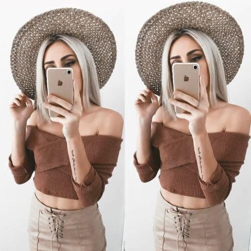 2018 Fashion Sweater Women Slash Neck Cross Solid Long Sleeve Off Shoulder Knit Casual Crop Top