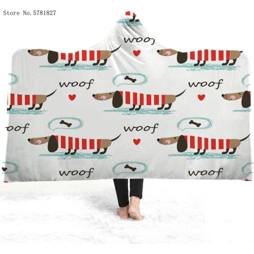 Dachshund Sausage Dog Hooded Blanket Pet Dog Fleece Blanket 3D Print Lovely Animal Cartoon Throw Blanket Sofa Wearable Blanket