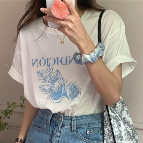 Alien Kitty 2021 Summer Basic Chic Florals Printing Tops Students Loose Tee Casual Gentle All Match Outwear Fashion T-shirts