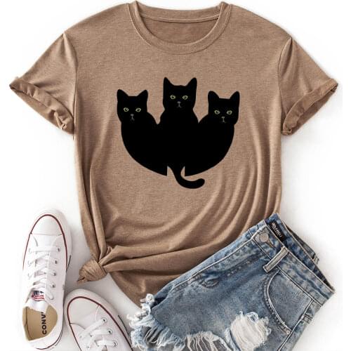 Women Crew Neck Short Sleeve Casual Summer T-shirts Graphic Tee Shirts Tops Female Clothes Black Cats Shirts for Woman