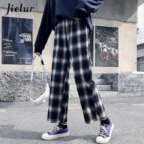 Jielur Ulzzang Korean Pants Women 2020 Harajuku Hip Hop Hipster Loose Wide Leg Pants Black Plaid Pantalon Femme Streetwear M-XL