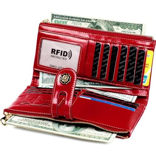 Womens RFID Blocking Wallet Genuine Leather Zip Around Clutch Plus Size Travel Purse