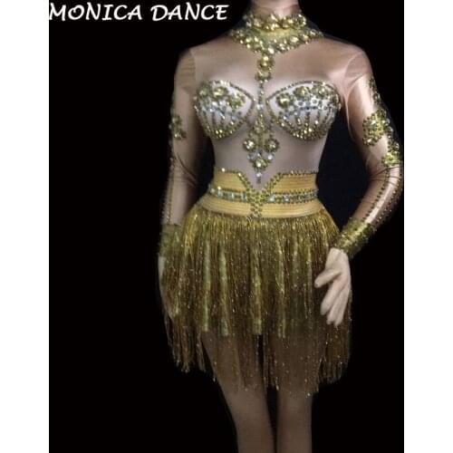 Women Sexy Stage Gold Tassel Short Dress Sparkling Crystals Nightclub Stage Performance Stage Wear Dancer Bling Singer Costumes