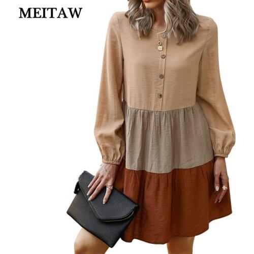 2020 Spring Autumn Women Patchwork Dress Vintage Loose Office Dresses Casual Solid Long Sleeve O-Neck Button Mini Dress