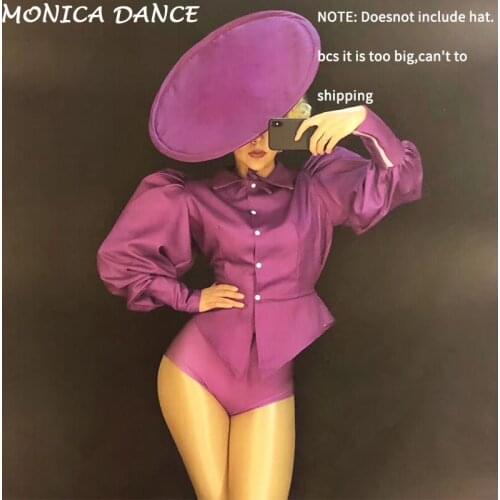 Women Sexy Stage Wear Violet DJDS Gogo Bodysuit Long Sleeve Nightclub Stage Party Celebrate Show Dancer Singer (Without Hat)