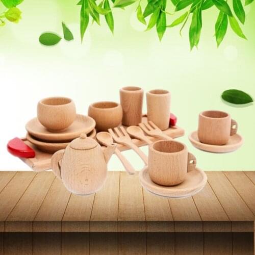 1Set Wooden Tableware Tools Tea Pot Tea Cup Teatime Party Play Toy Dollhouse Miniature Kitchen Tableware Accessories for Kids To