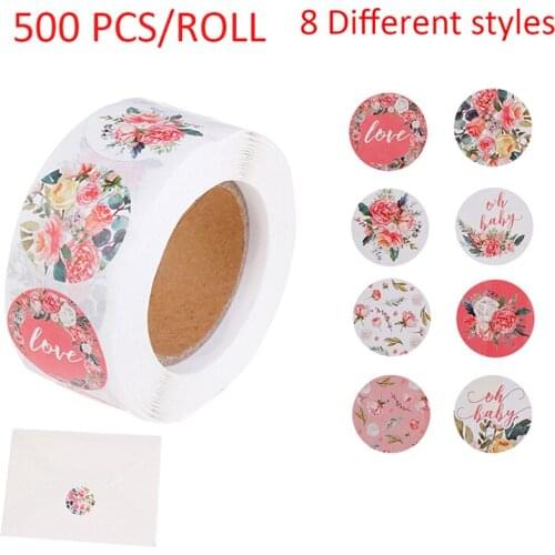 500Pcs Pink Flower Stickers Rolls for Love Oh Baby Stickers Labels Seal Stickers