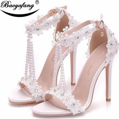 BaoYaFang New Summer Sandals Sweet Ankle strap White Lace Flower shoe 9cm Heel Pointed Toe Wedding shoes female Bride dress shoe