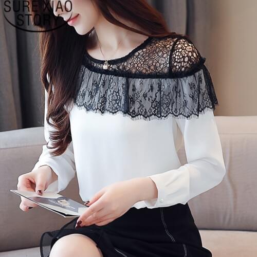 Blusas mujer de moda 2021 sexy hollow lace chiffon blouse shirt long sleeve women shirts womens tops and blouses blusas 2135 50