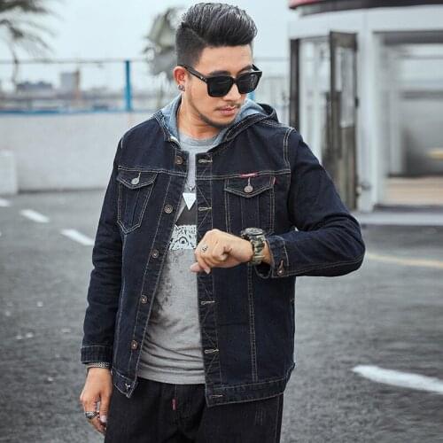 Extra XL Menswear Mens Stretch Hooded Denim Jacket Fat Man Top with Hat Fashion Plus Size Men Clothing