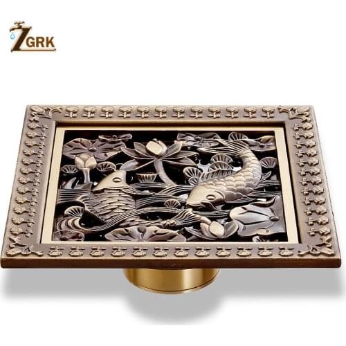 ZGRK Shower Drain Antique Solid Brass Floor Drain Cover Strainer Bathroom Bath Accessories Art Carved Square Drains