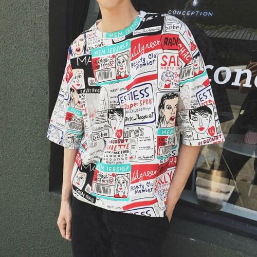 T-shirt 2021 mens new clothe Harajuku Graffiti short-sleeved t-shirt male students loose youth handsome five-point sleeve shirt