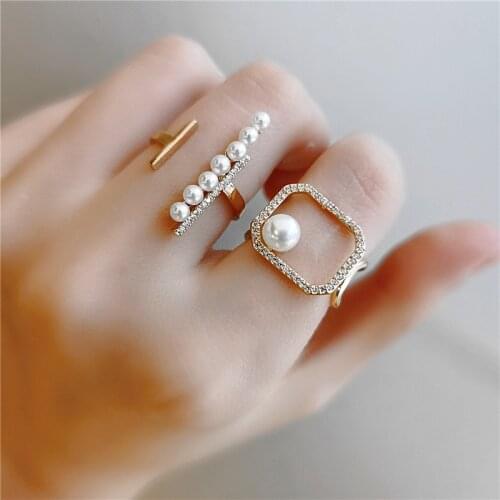 2020 Trendy Style Zircon Open Ring Women Simulated Pearl Geometric Rings Fashion Brass Jewelry Wholesale