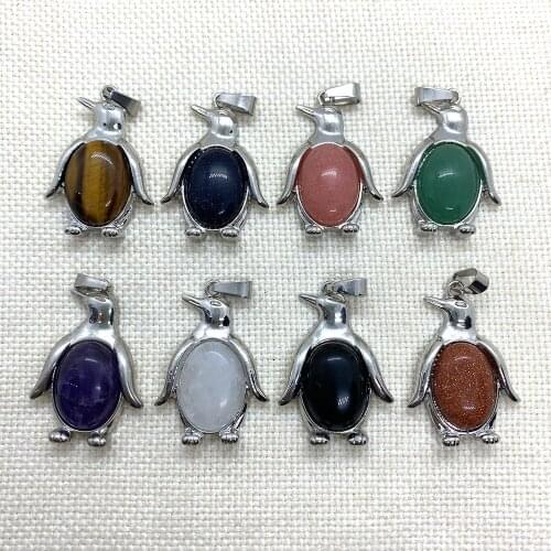 Natural Stone Pendant Lapis Lazuli Black Agate Opal Pink Crystal Penguin Gem Inlaid DIY Handmade Necklace Bracelet Pendant
