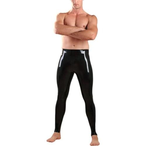 No zipper males tight pants 100% handmade solid black leggings what is made of 0.4mm thickness natural latex materials
